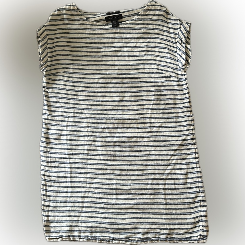 Tahari Wmn's M Navy/white Striped Short Sleeve Short Loose 100% Linen Dress